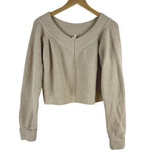 Wishlist Women's Beige V Neck Cropped Knit Sweater Size M Soft Boho Chic